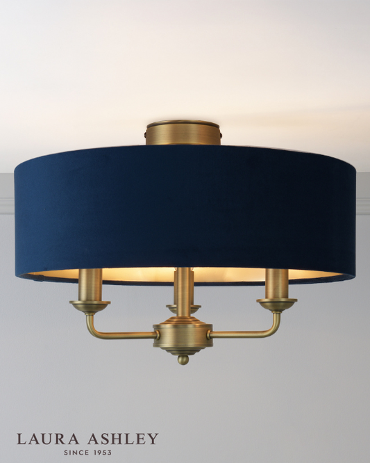 Laura Ashley Sorrento 3 Light Matt Antique Brass Semi Flush With Blue Shade