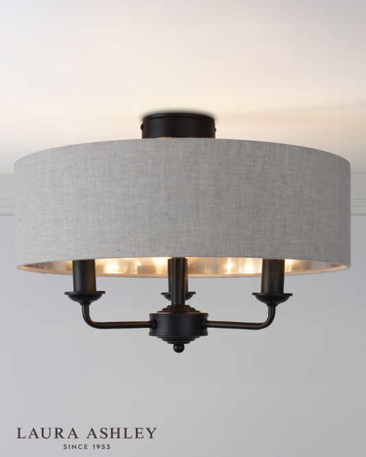 Laura Ashley Sorrento 3 Light Matt Black Semi Flush With Natural Shade