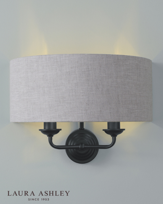 Laura Ashley Sorrento 2 Light Matt Black Wall Light With Natural Shade