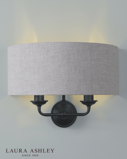 Laura Ashley Sorrento 2 Light Matt Black Wall Light With Natural Shade