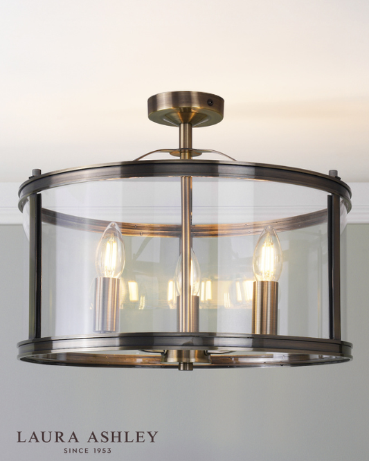 Laura Ashley Harrington 3 Light Antique Brass & Glass Semi Flush