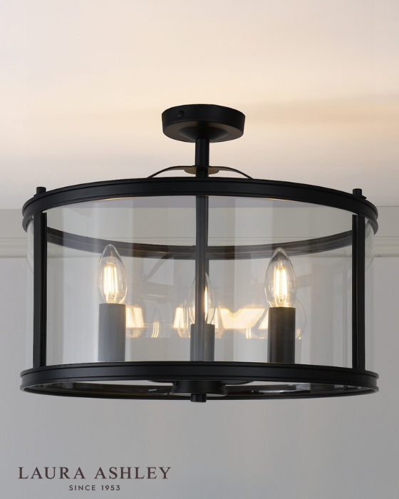 Laura Ashley Harrington 3 Light Matt Black & Glass Semi Flush