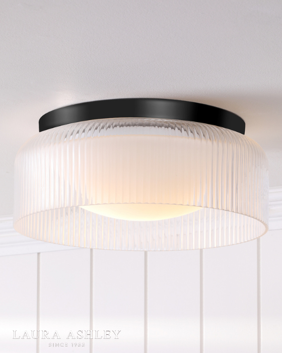 Laura Ashley Charissa IP44 Bathroom Matt Black & Ribbed Glass Flush