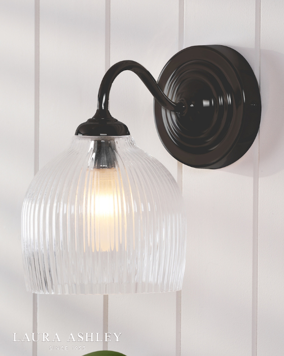 Laura Ashley Charissa IP44 Bathroom Matt Black & Ribbed Glass Wall Light