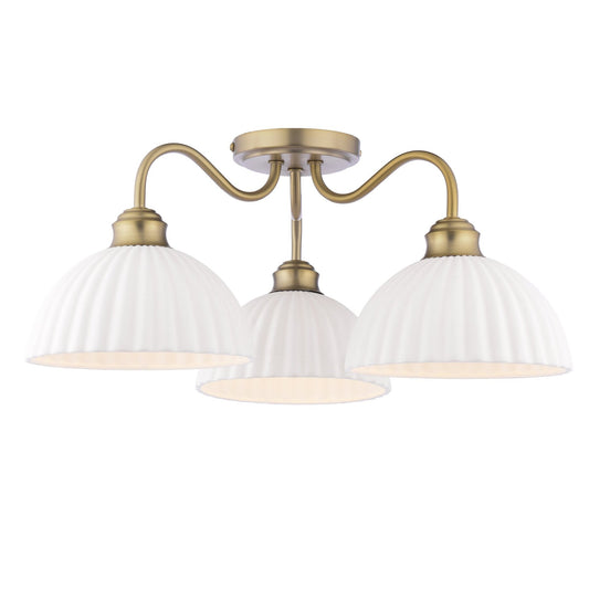 Laura Ashley Durford 3 Light Matt Antique Brass & White Ceramic Semi Flush