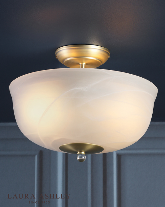 Laura Ashley Cossington 2 Light Matt Antique Brass & White Marble Effect Glass Semi Flush