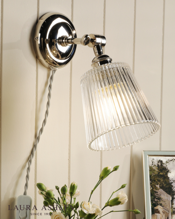 Laura Ashley Callaghan Plugged Polished Nickel & Ribbed Glass Wall Light