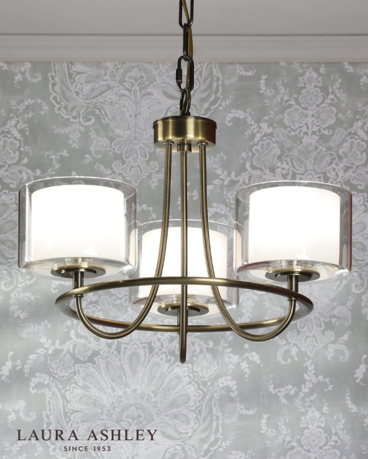 Laura Ashley Southwell 3 Light Antique Brass & Opal Glass Armed Chandelier