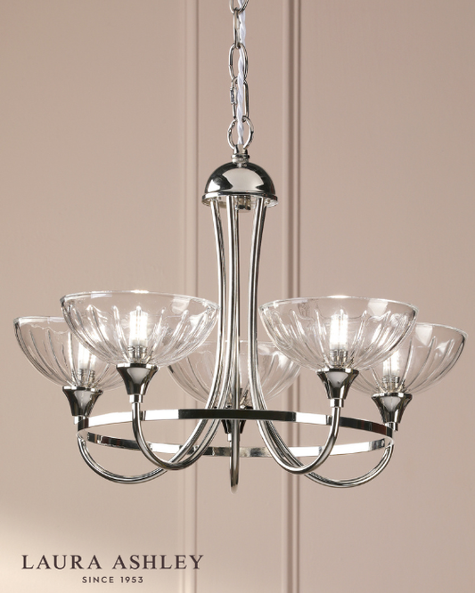 Laura Ashley Wellham 5 Light Polished Nickel & Ribbed Glass Armed Chandelier