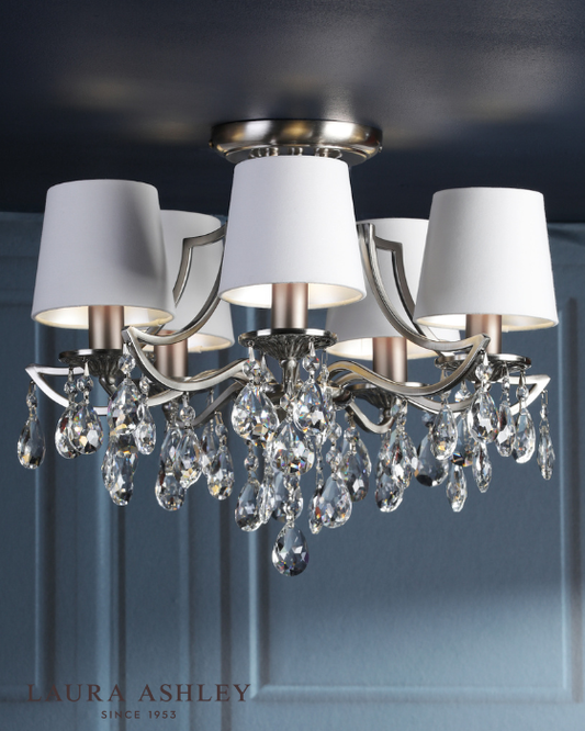 Laura Ashley Enstone 5 Light Polished Nickel & Crystal Semi Flush With Shades