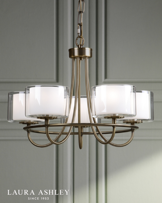 Laura Ashley Southwell 5 Light Antique Brass & Opal Glass Armed Pendant