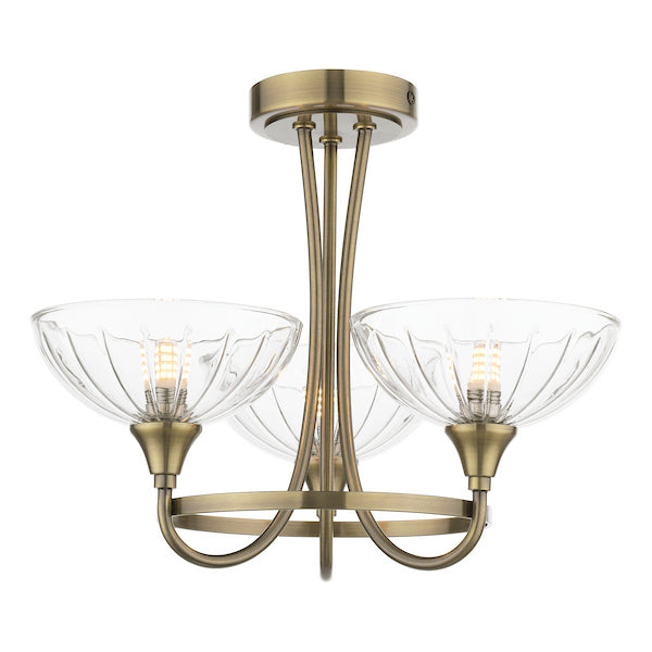 Laura Ashley Wellham 3 Light Antique Brass & Ribbed Glass Semi Flush