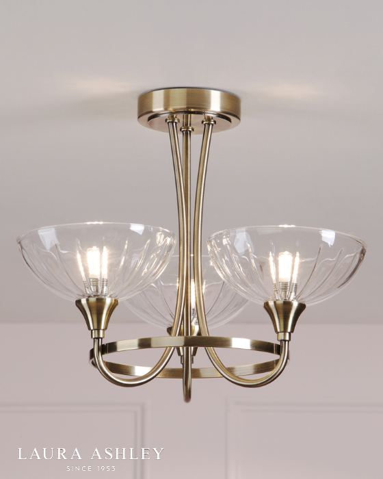 Laura Ashley Wellham 3 Light Antique Brass & Ribbed Glass Semi Flush