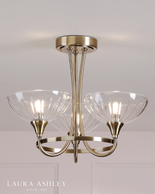 Laura Ashley Wellham 3 Light Antique Brass & Ribbed Glass Semi Flush