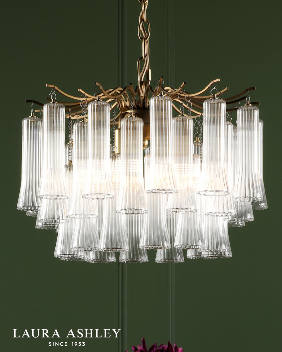 Laura Ashley Penlee 4 Light Matt Antique Brass & Ribbed Glass Pendant