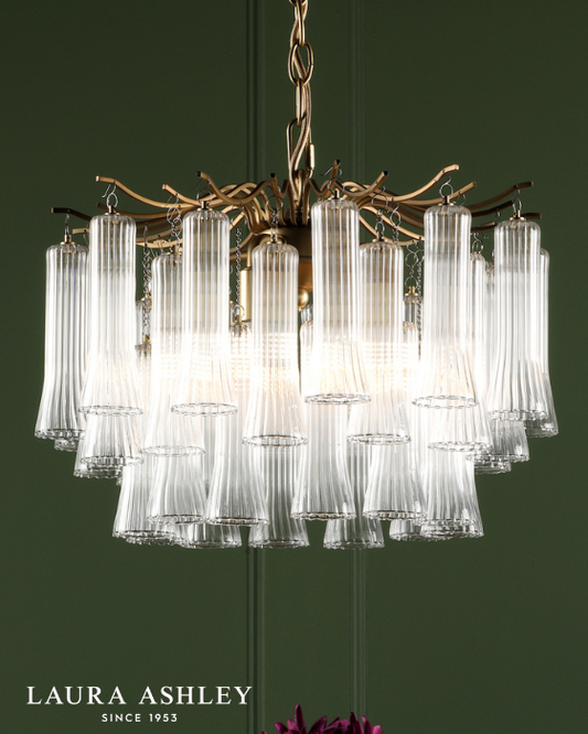 Laura Ashley Penlee 4 Light Matt Antique Brass & Ribbed Glass Pendant