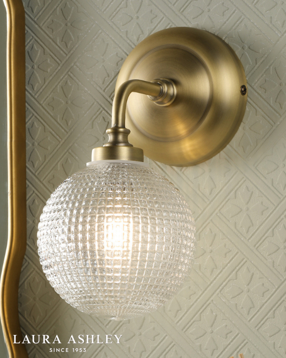 Laura Ashley Langdon Bathroom IP44 Matt Antique Brass & Textured Glass Wall Light
