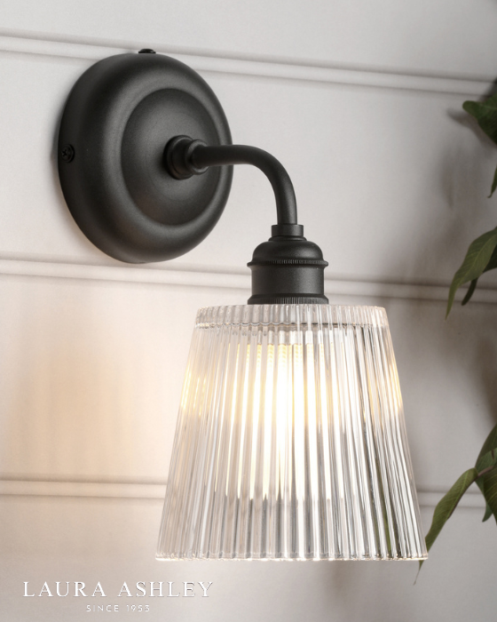 Laura Ashley Callaghan Outdoor IP44 Matt Black & Ribbed Glass Wall Light