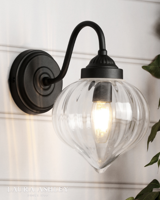 Laura Ashley Whitham Outdoor IP44 Matt Black & Ribbed Glass Wall Light