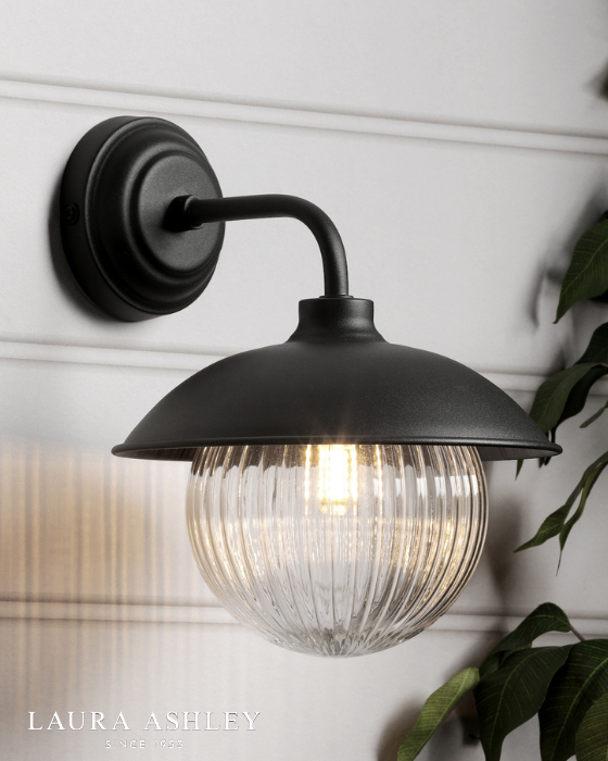 Laura Ashley Hatton Outdoor IP44 Matt Black & Ribbed Glass Wall Light