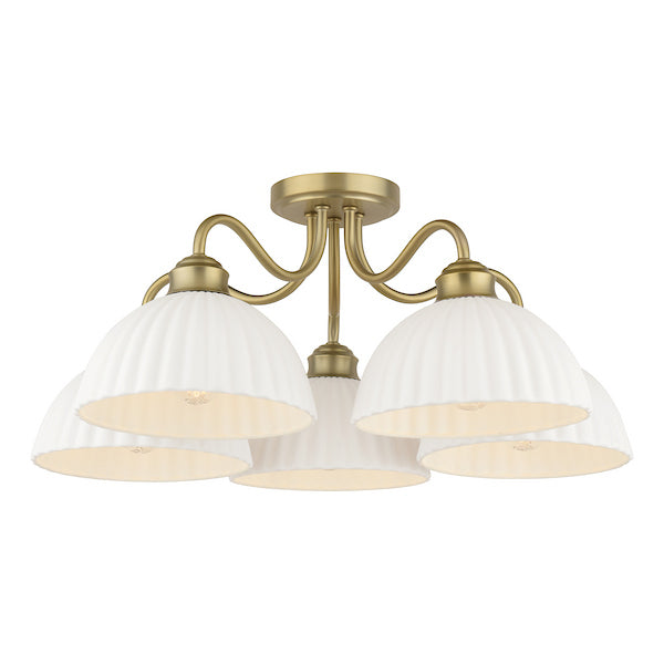 Laura Ashley Durford 5 Light Matt Antique Brass & White Ceramic Semi Flush