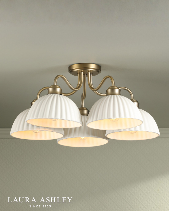 Laura Ashley Durford 5 Light Matt Antique Brass & White Ceramic Semi Flush
