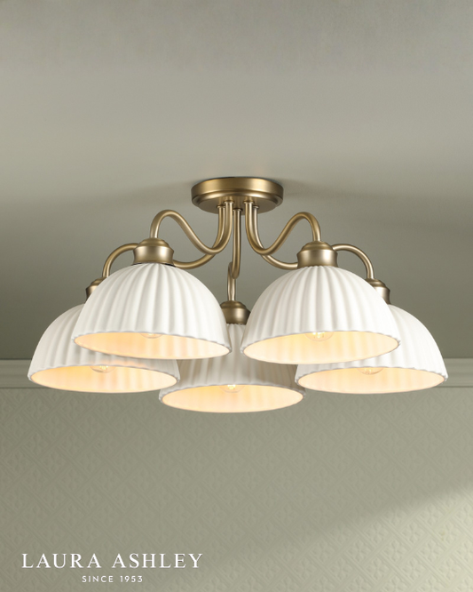 Laura Ashley Durford 5 Light Matt Antique Brass & White Ceramic Semi Flush