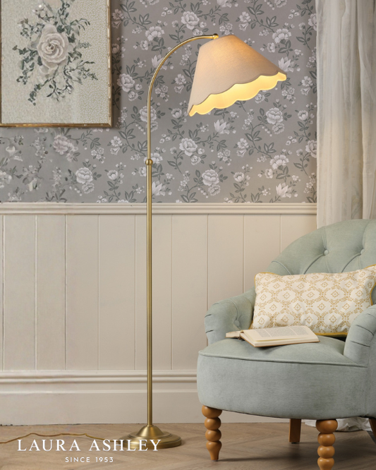 Laura Ashley Cordwell Antique Brass Floor Lamp with Natural Linen Shade