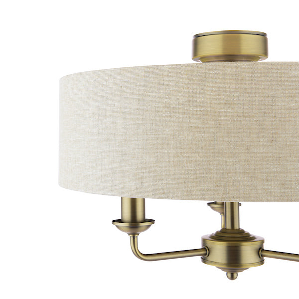 Laura Ashley Sorrento 3 Light Matt Antique Brass Semi Flush with Natural Shade