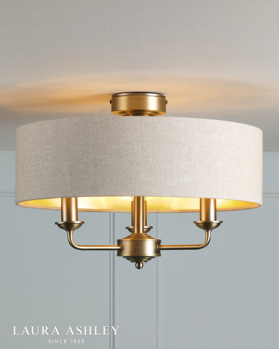 Laura Ashley Sorrento 3 Light Matt Antique Brass Semi Flush with Natural Shade