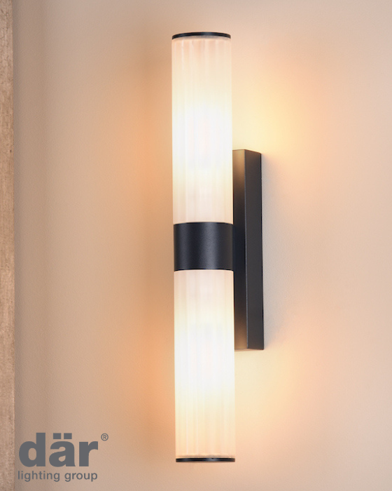 Dar Lighting Lars 2 Light IP44 Bathroom Matt Black & White Frosted Acrylic Wall Light