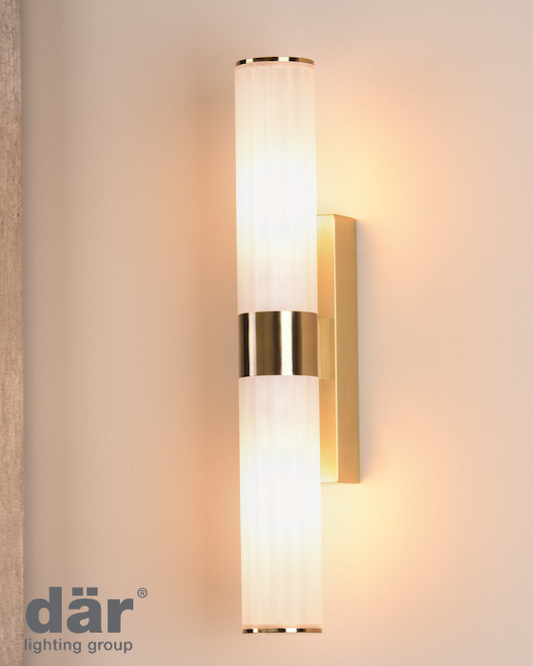 Dar Lighting Lars 2 Light IP44 Bathroom Brushed Gold & White Frosted Acrylic Wall Light
