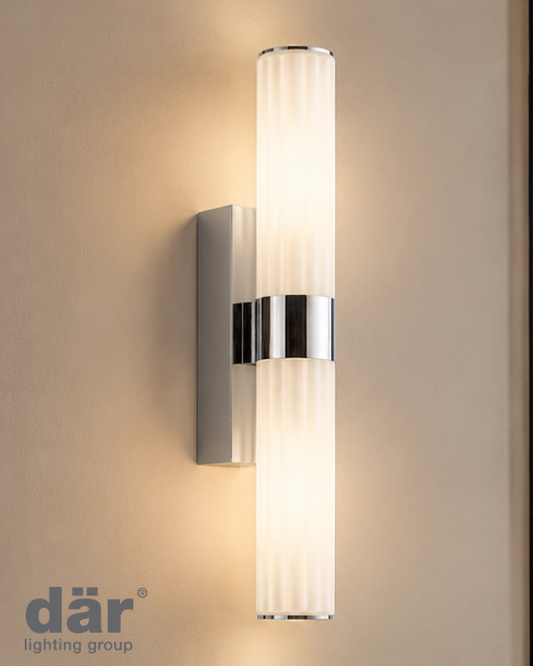 Dar Lighting Lars 2 Light IP44 Bathroom Polished Chrome & White Frosted Acrylic Wall Light