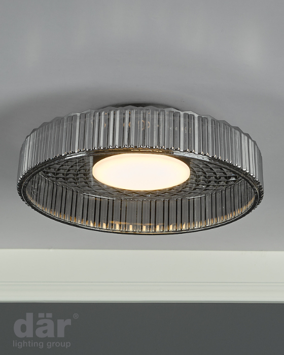 Dar Lighting Leena LED Satin Black & Smoked Ribbed Glass Flush