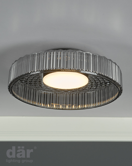 Dar Lighting Leena LED Satin Black & Smoked Ribbed Glass Flush