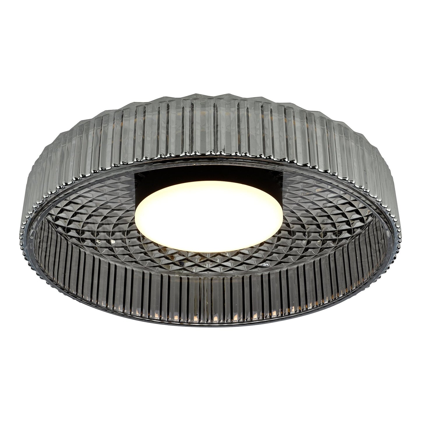 Dar Lighting Leena LED Satin Black & Smoked Ribbed Glass Flush