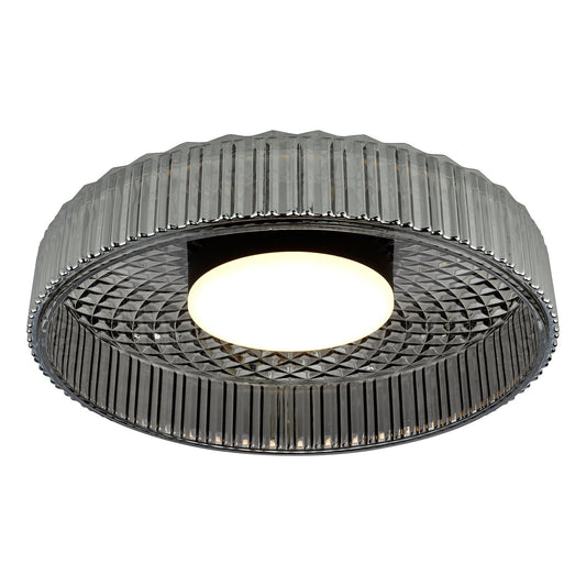 Dar Lighting Leena LED Satin Black & Smoked Ribbed Glass Flush