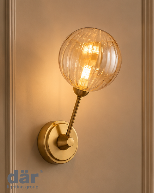 Dar Lighting Liora Antique Gold & Amber Ribbed Glass Wall Light