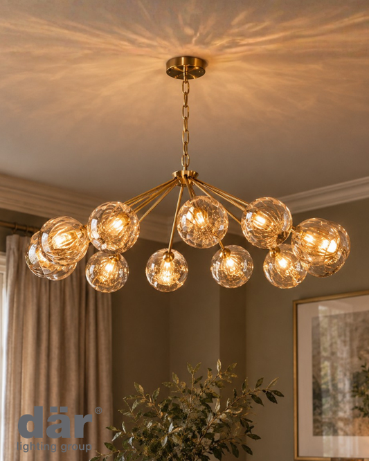 Dar Lighting Liora 12 Light Antique Gold & Amber Ribbed Glass Pendant