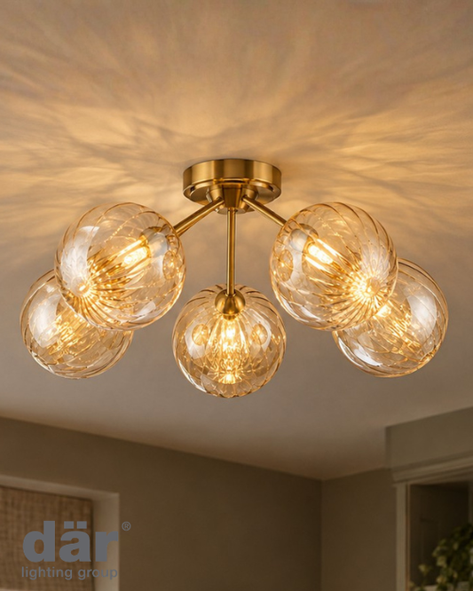 Dar Lighting Liora 5 Light Antique Gold & Amber Ribbed Glass Semi Flush
