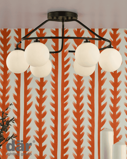 Dar Lighting Luana 6 Light Matt Black & Opal Glass Semi Flush