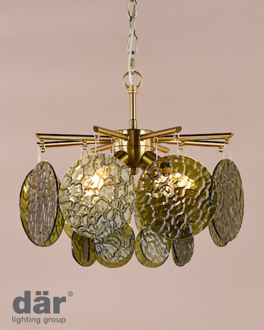 Dar Lighting Lumira 4 Light Natural Brass & Green Glass Pendant