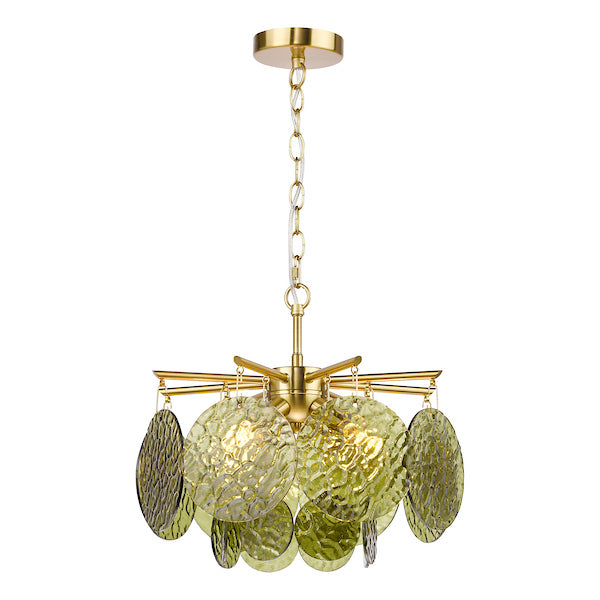 Dar Lighting Lumira 4 Light Natural Brass & Green Glass Pendant
