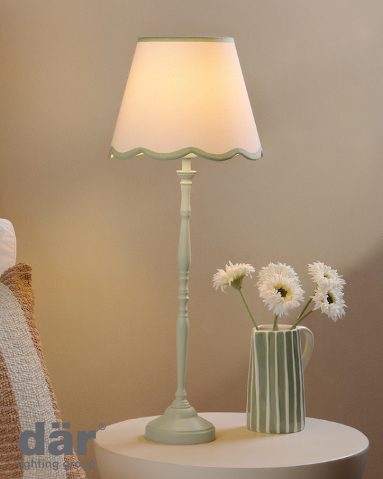 Dar Lighting Lupo Matt Green Table Lamp With Linen Scalloped Shade