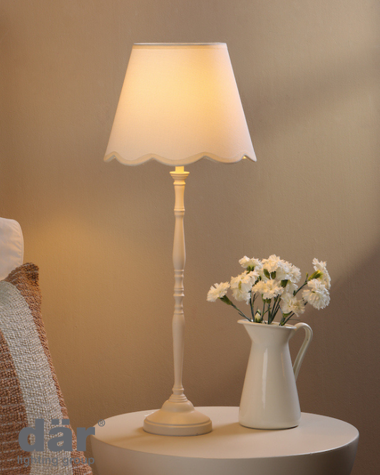 Dar Lighting Lupo Matt Cream Table Lamp With Linen Scalloped Shade