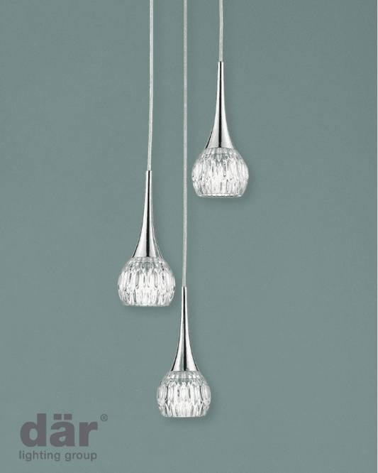 Dar Lighting Lyall 3 Light Polished Chrome & Glass Cluster Pendant