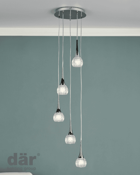 Dar Lighting Lyall 5 Light Polished Chrome & Glass Cluster Pendant