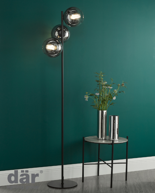 Dar Lighting Lycia 3 Light Matt Black & Smoked Ombre Glass Floor Lamp