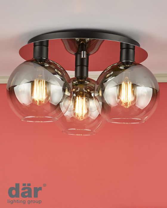 Dar Lighting Lycia 3 Light Matt Black & Smoked Ombre Glass Flush