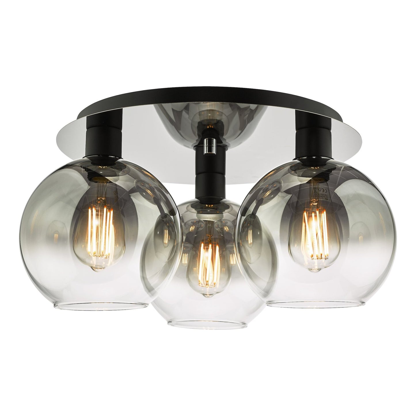 Dar Lighting Lycia 3 Light Matt Black & Smoked Ombre Glass Flush